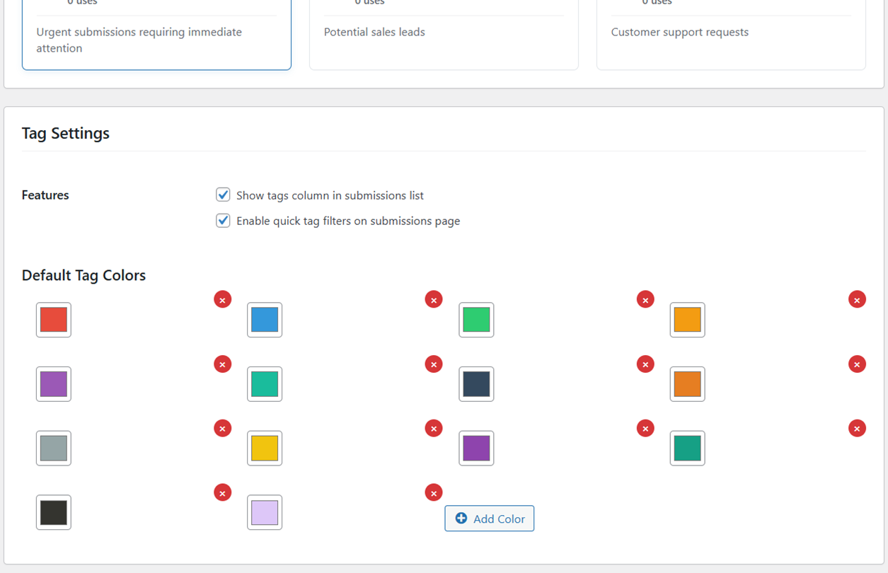 Entry Tags settings panel with default colors and toggles