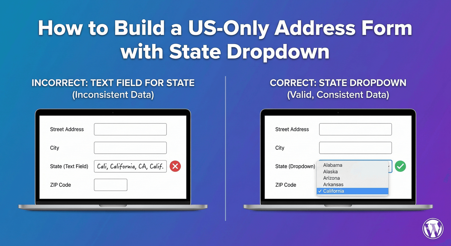 A US address form with a state dropdown on a WordPress site