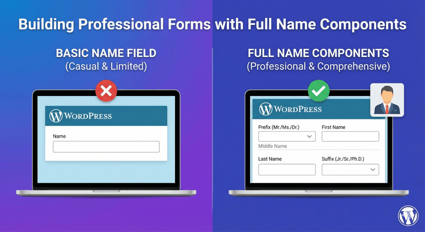 A professional name field with prefix, first, last and suffix components