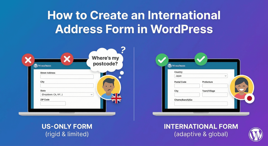 An international address form with a country selector on a WordPress site