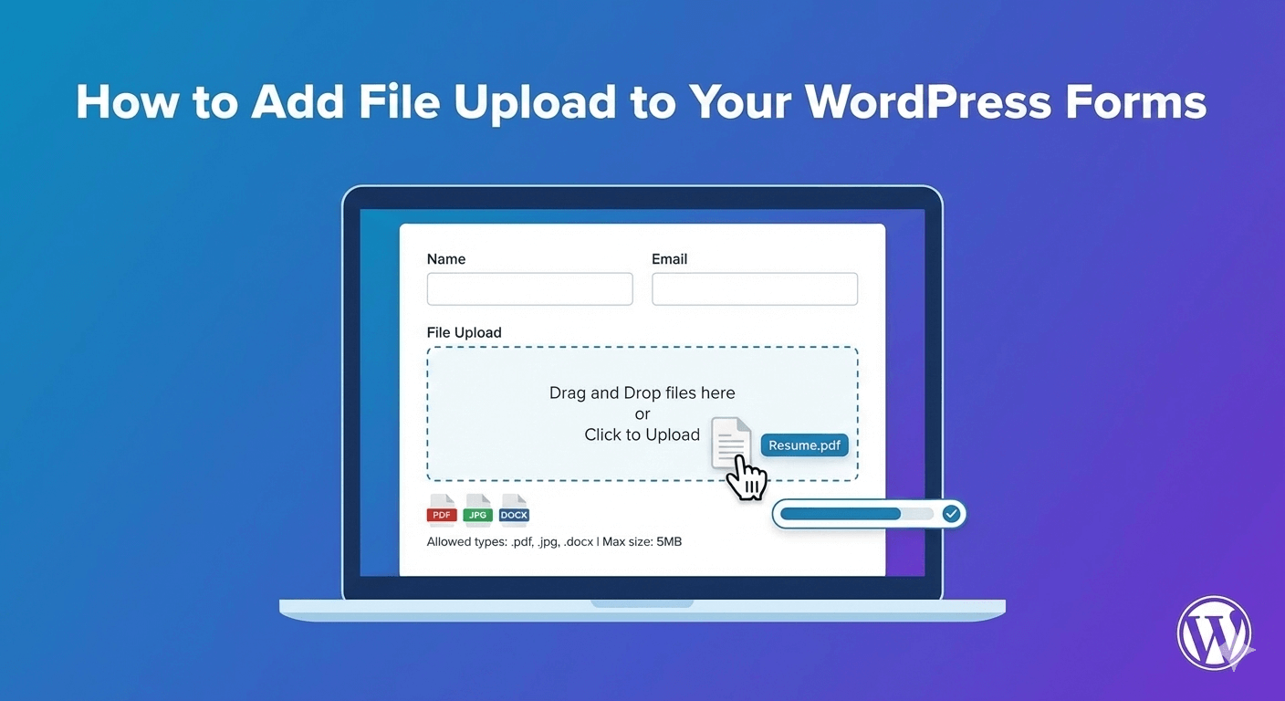 A WordPress form with a file upload field accepting a document