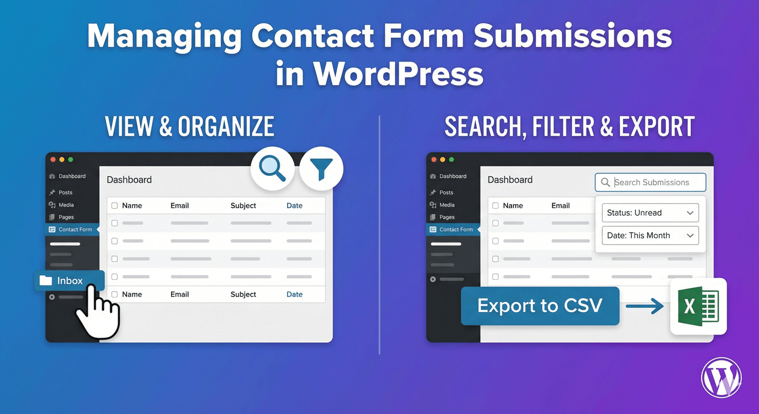 An inbox-style submission dashboard for a WordPress contact form