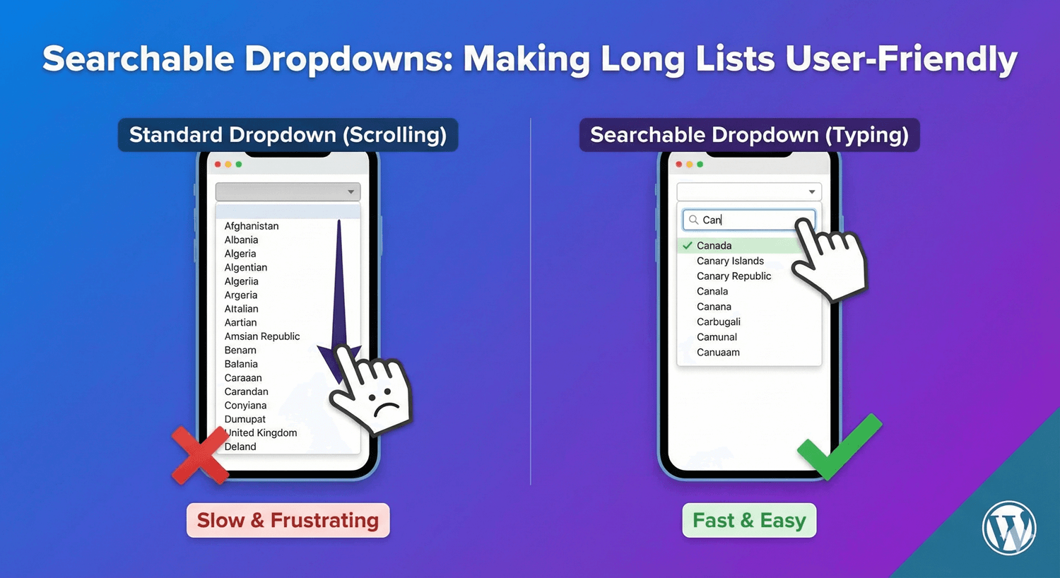 A searchable dropdown filtering a long list on a WordPress form