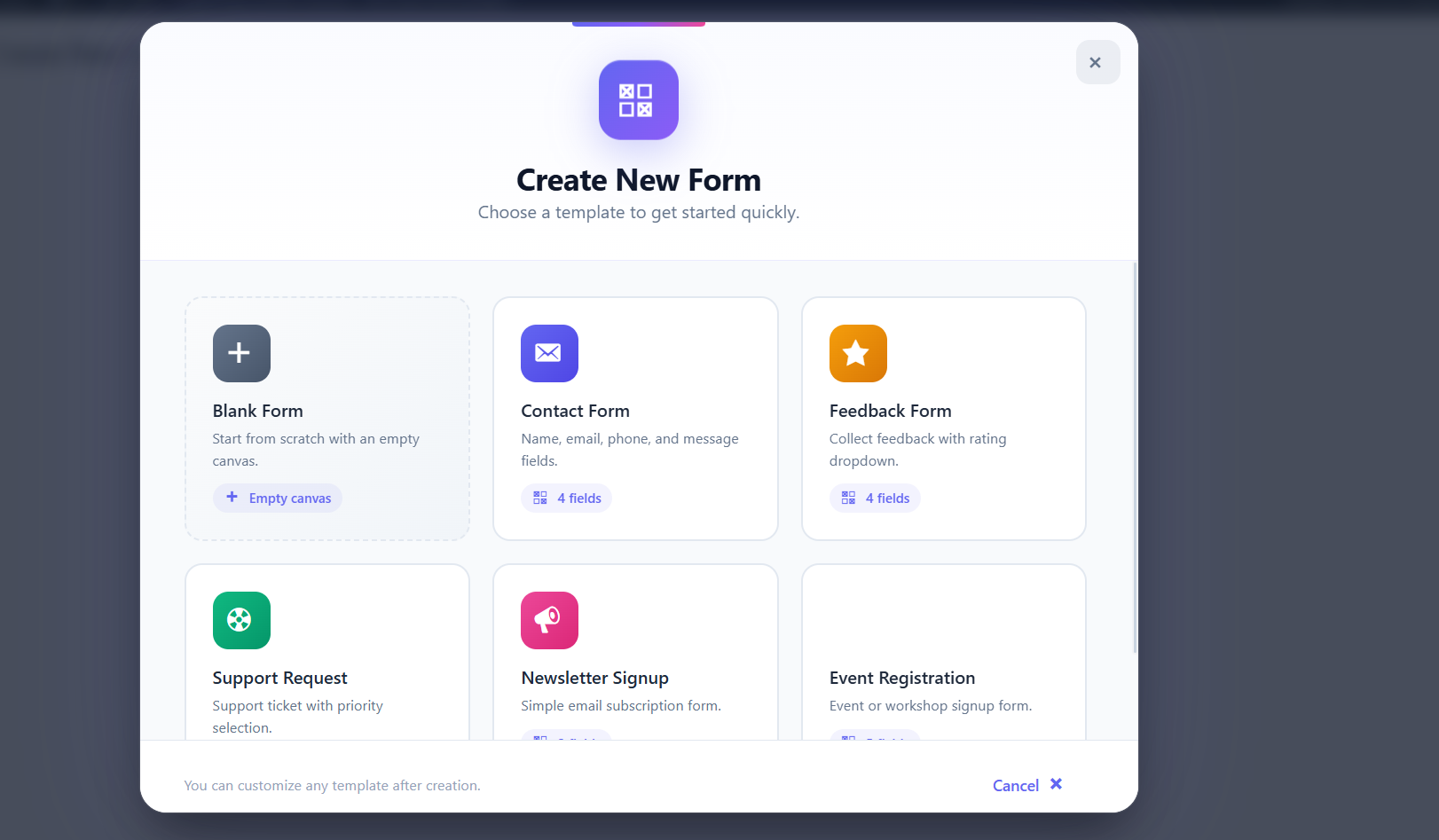 Create a new form from templates or a blank canvas