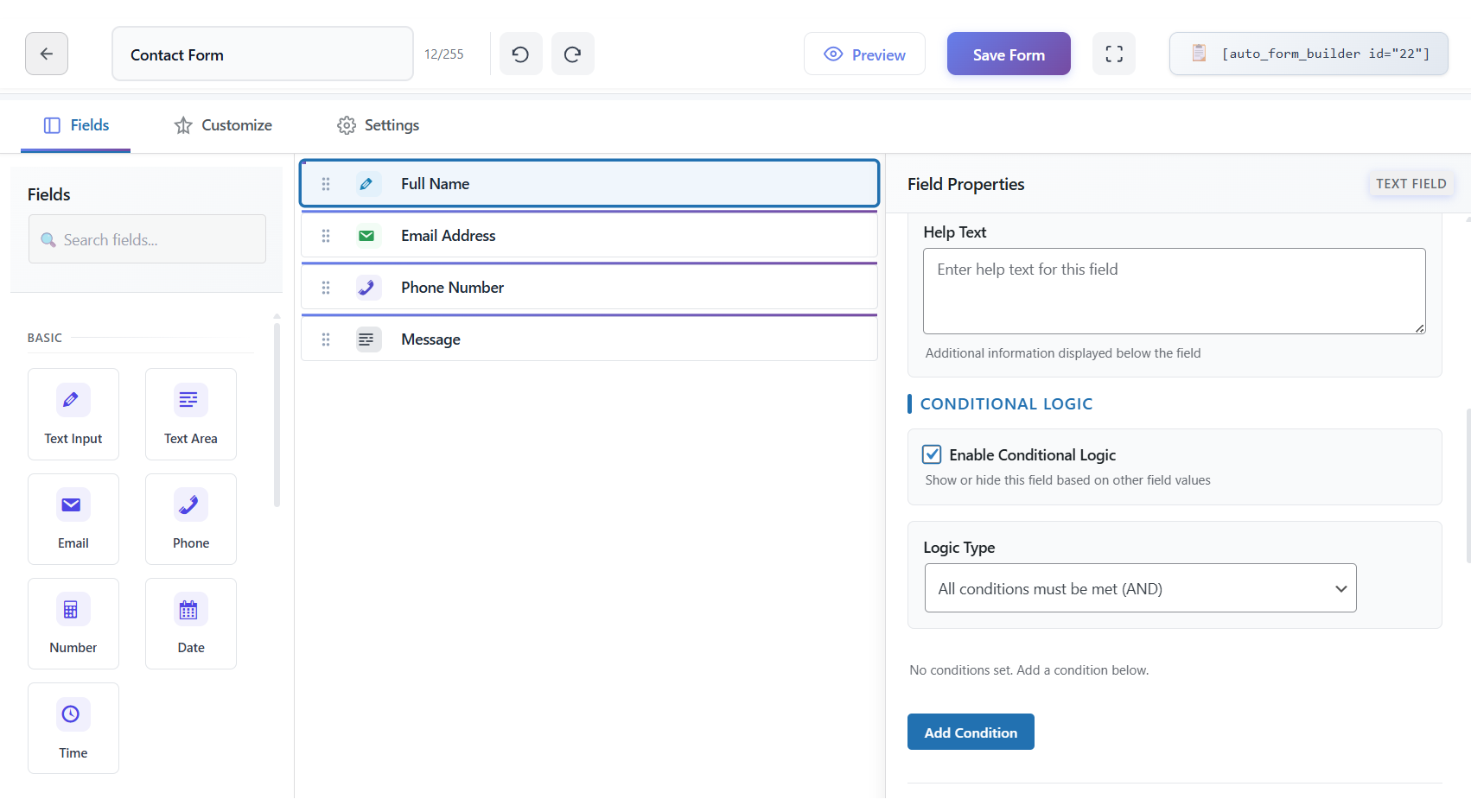 Drag-and-drop form builder with per-field conditional logic