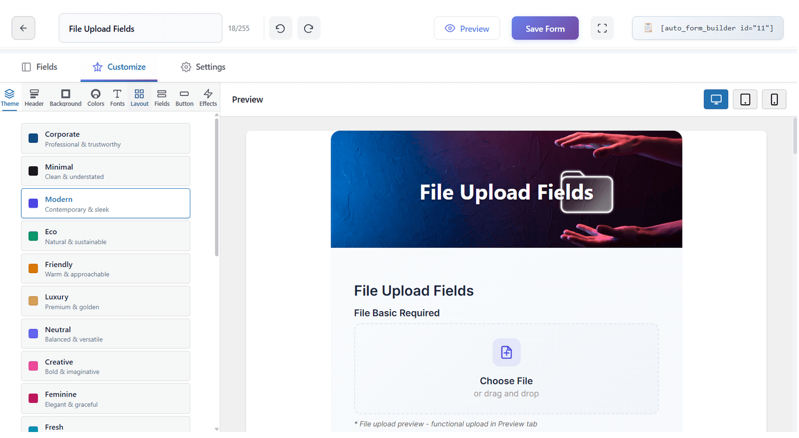 Customize form theme, colors and fonts with live mobile preview