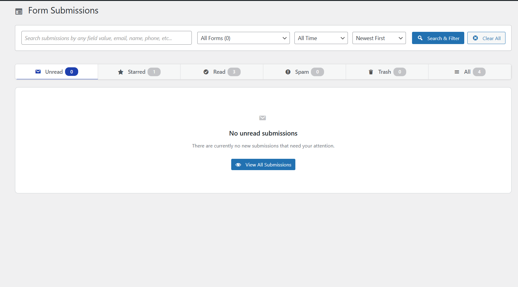 Inbox-style submission management with search and spam filter
